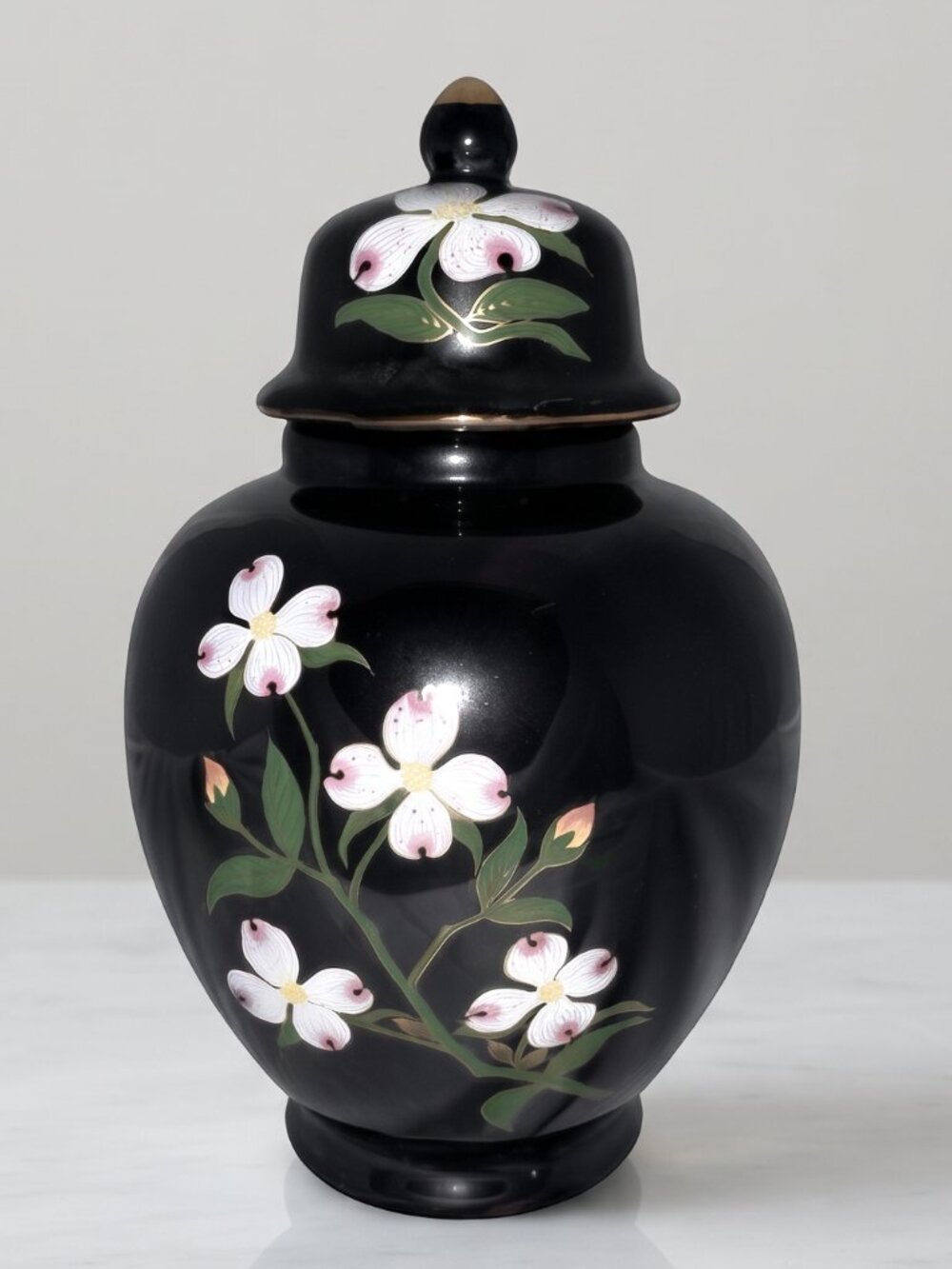 Vintage MIC Japan Black Dogwood Floral Porcelain Lidded Ginger Jar Vase 6.5"